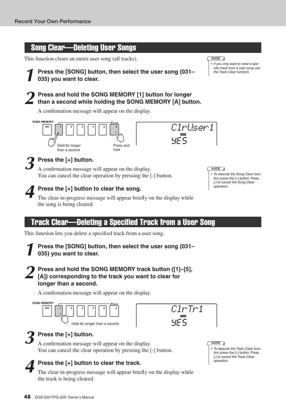 Song clear-deleting user songs, From a user song, Clruser1 | Clrtr1 | Yamaha YPG-225 User Manual | Page 48 / 118