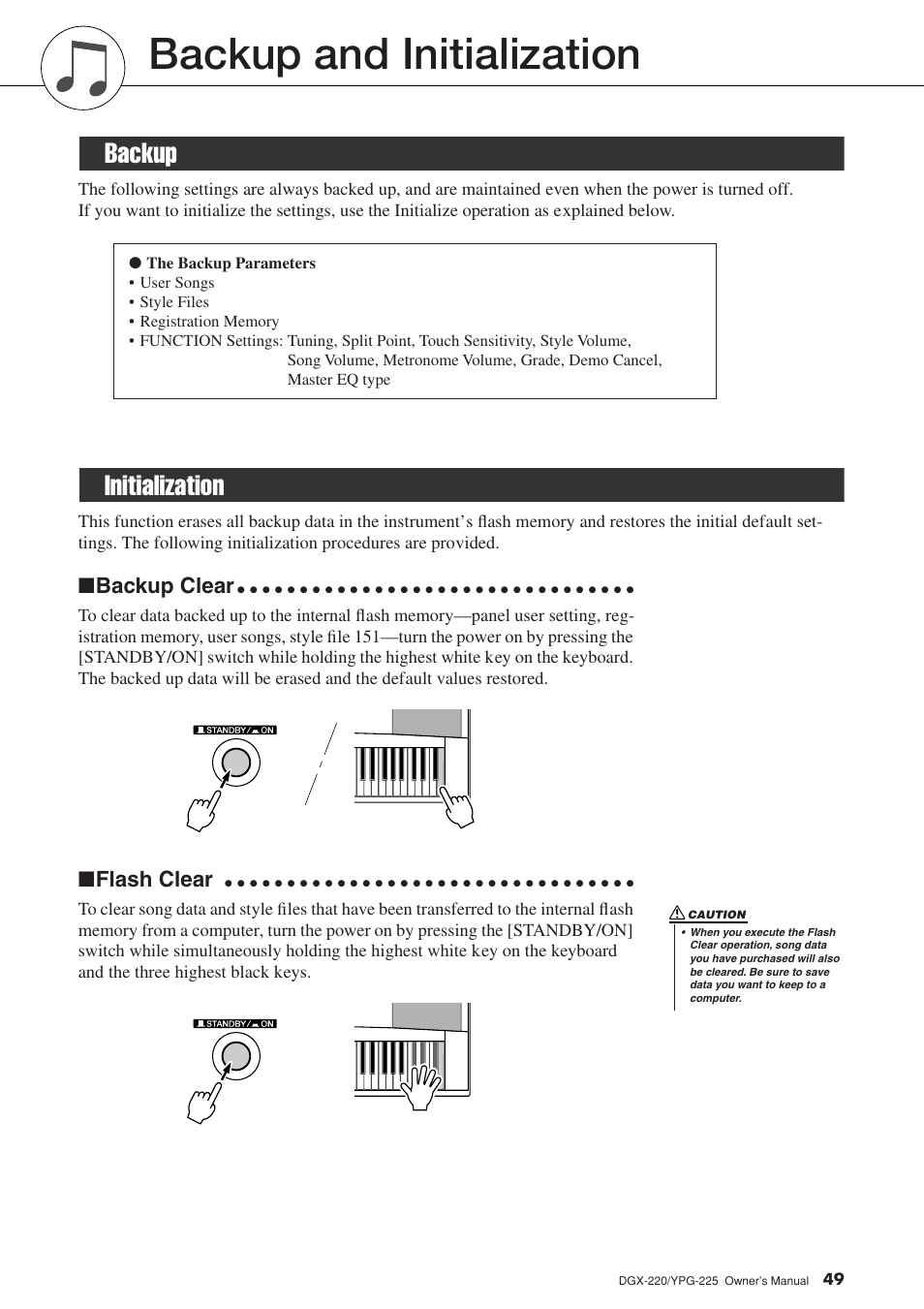 Backup and initialization, Backup, Initialization | Backup initialization, Backup clear, Flash clear | Yamaha YPG-225 User Manual | Page 49 / 118