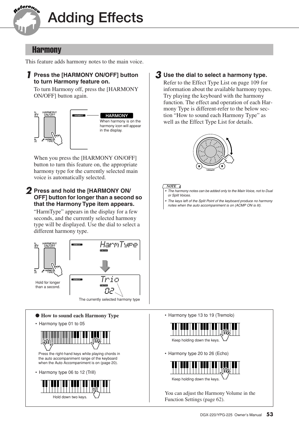 Reference, Adding effects, Harmony | Trio harmtype | Yamaha YPG-225 User Manual | Page 53 / 118