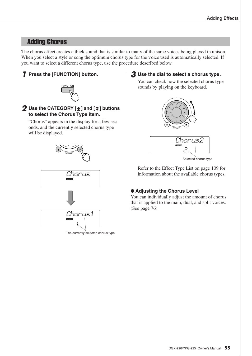 Adding chorus, Chorus1 chorus, Chorus2 | Yamaha YPG-225 User Manual | Page 55 / 118