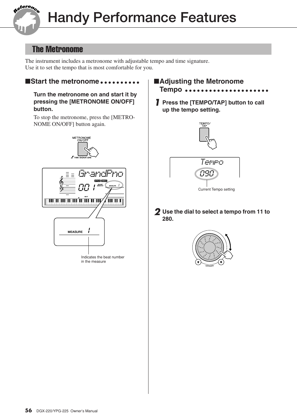 Handy performance features, The metronome, Grandpno | The metronome 001, Tempo | Yamaha YPG-225 User Manual | Page 56 / 118