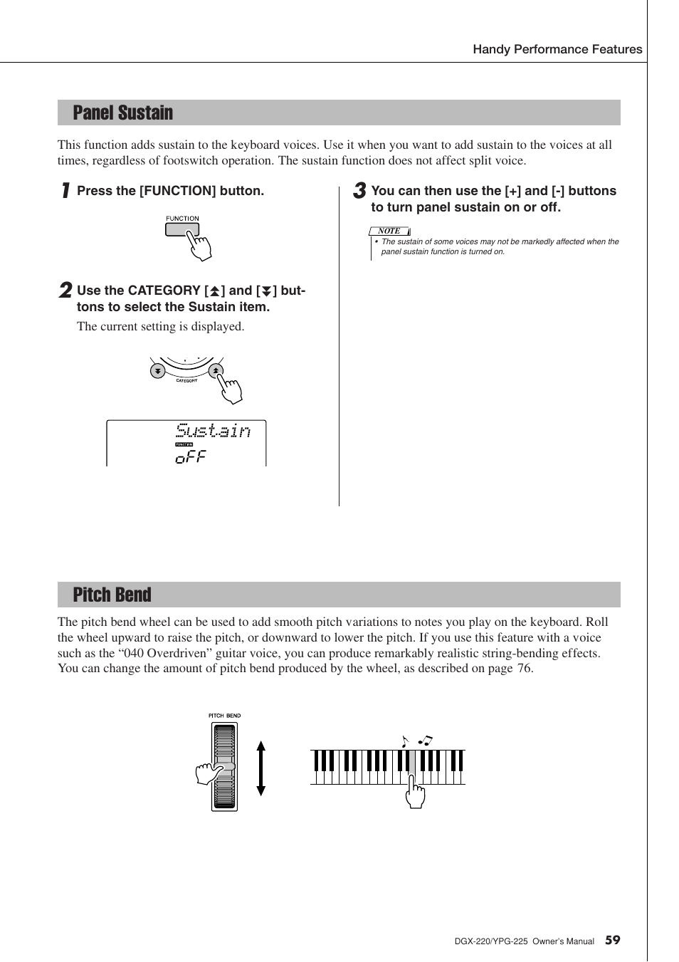 Panel sustain, Pitch bend, Panel sustain pitch bend | Sustain | Yamaha YPG-225 User Manual | Page 59 / 118