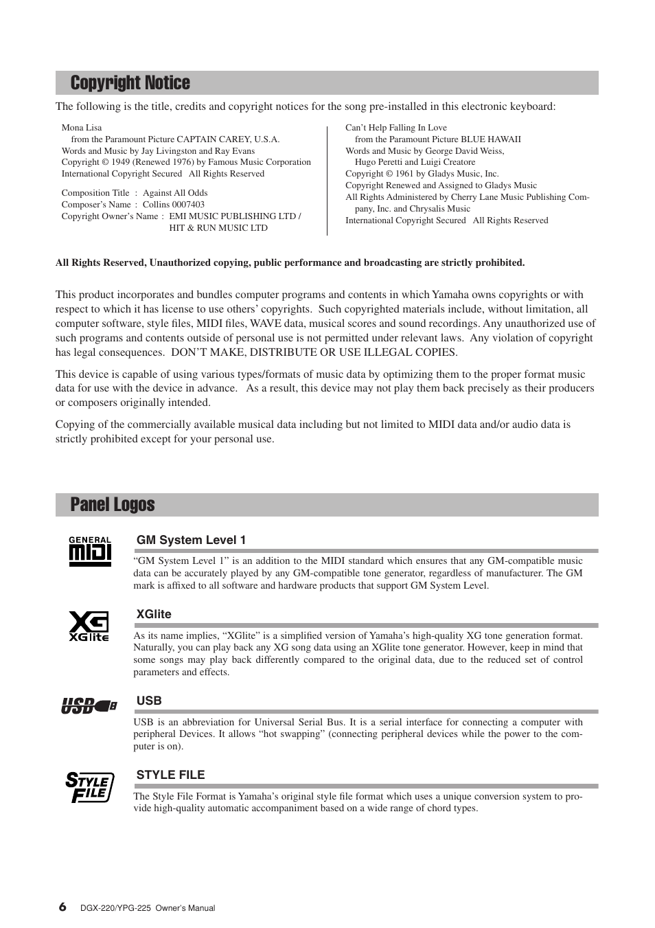 Copyright notice, Panel logos, Copyright notice panel logos | Yamaha YPG-225 User Manual | Page 6 / 118