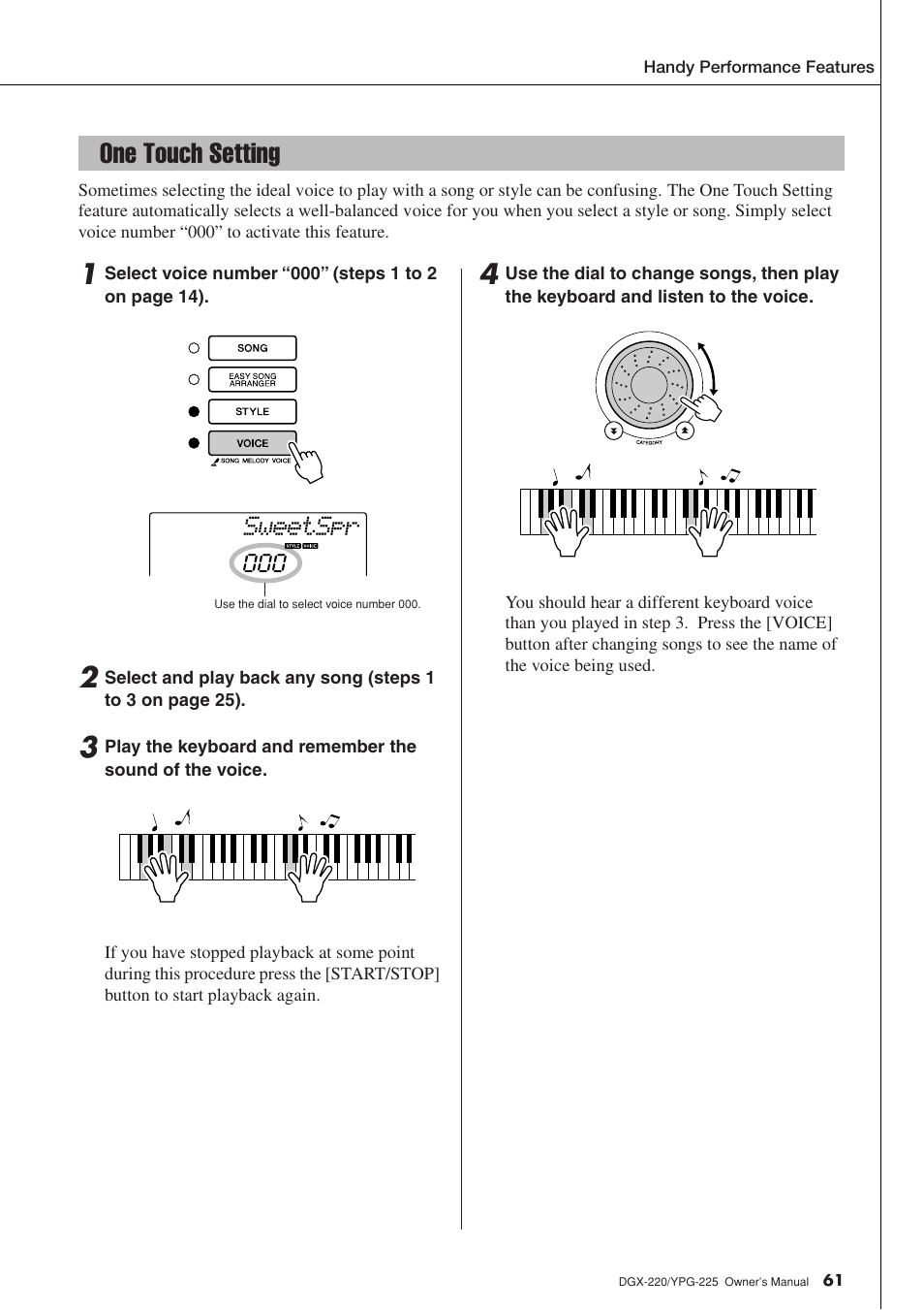 One touch setting, Sweetspr | Yamaha YPG-225 User Manual | Page 61 / 118