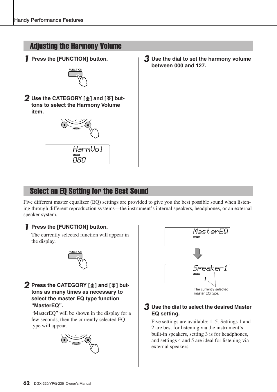 Adjusting the harmony volume, Select an eq setting for the best sound, Harmvol | Speaker1 mastereq | Yamaha YPG-225 User Manual | Page 62 / 118