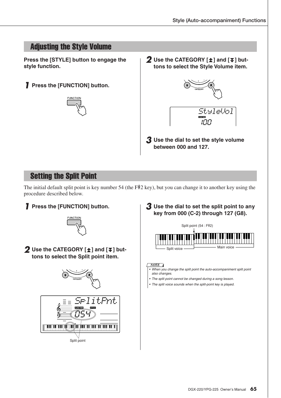 Adjusting the style volume, Setting the split point, Adjusting the style volume setting the split point | Splitpnt, Stylevol | Yamaha YPG-225 User Manual | Page 65 / 118