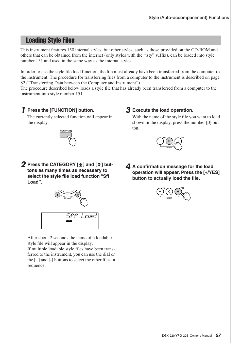 Loading style files, Sff load | Yamaha YPG-225 User Manual | Page 67 / 118