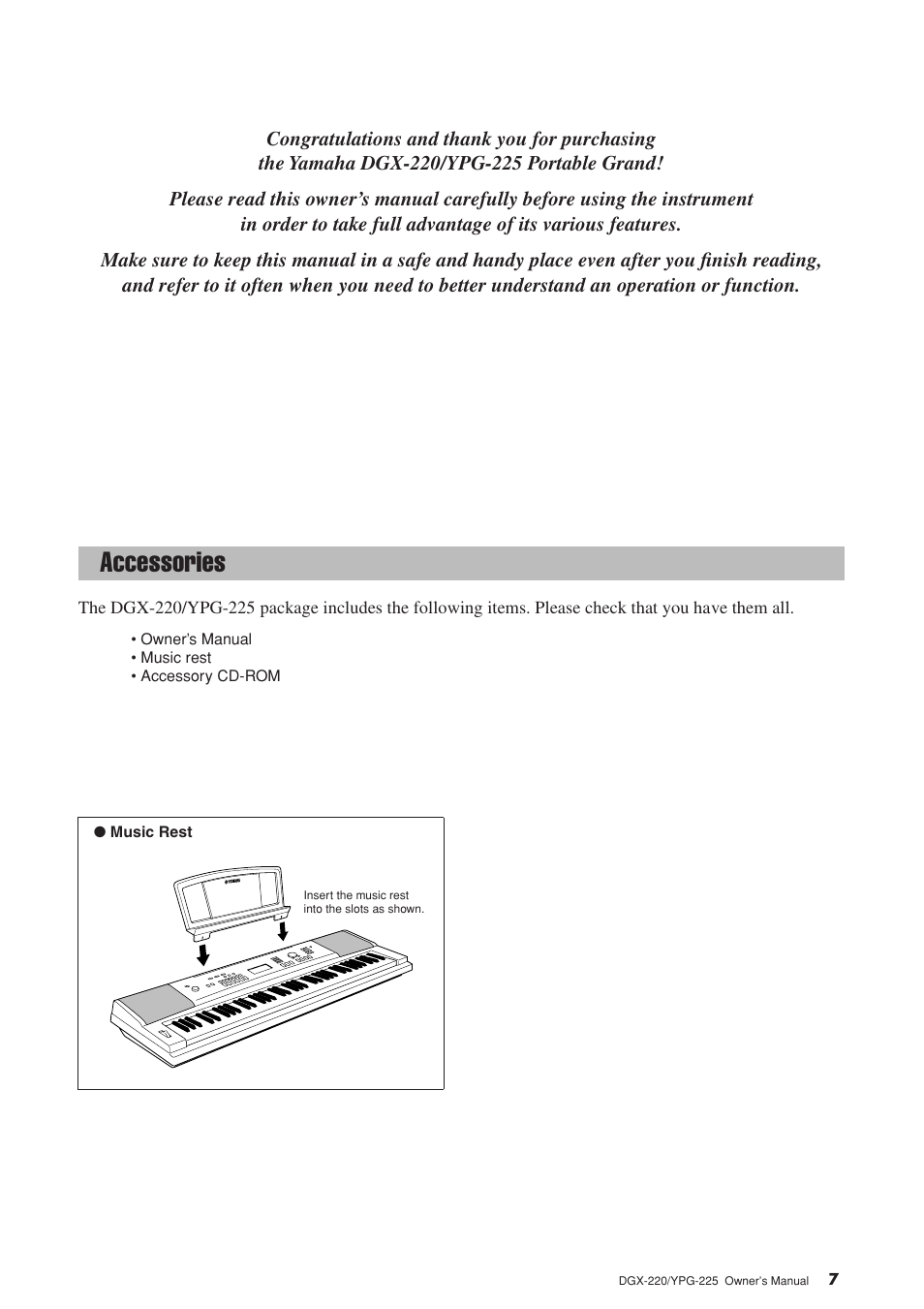 Congratulations, Accessories | Yamaha YPG-225 User Manual | Page 7 / 118