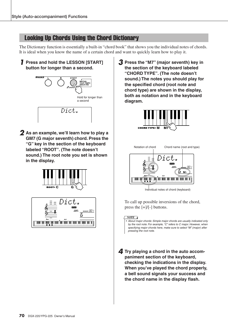 Looking up chords using the chord dictionary, Dict | Yamaha YPG-225 User Manual | Page 70 / 118