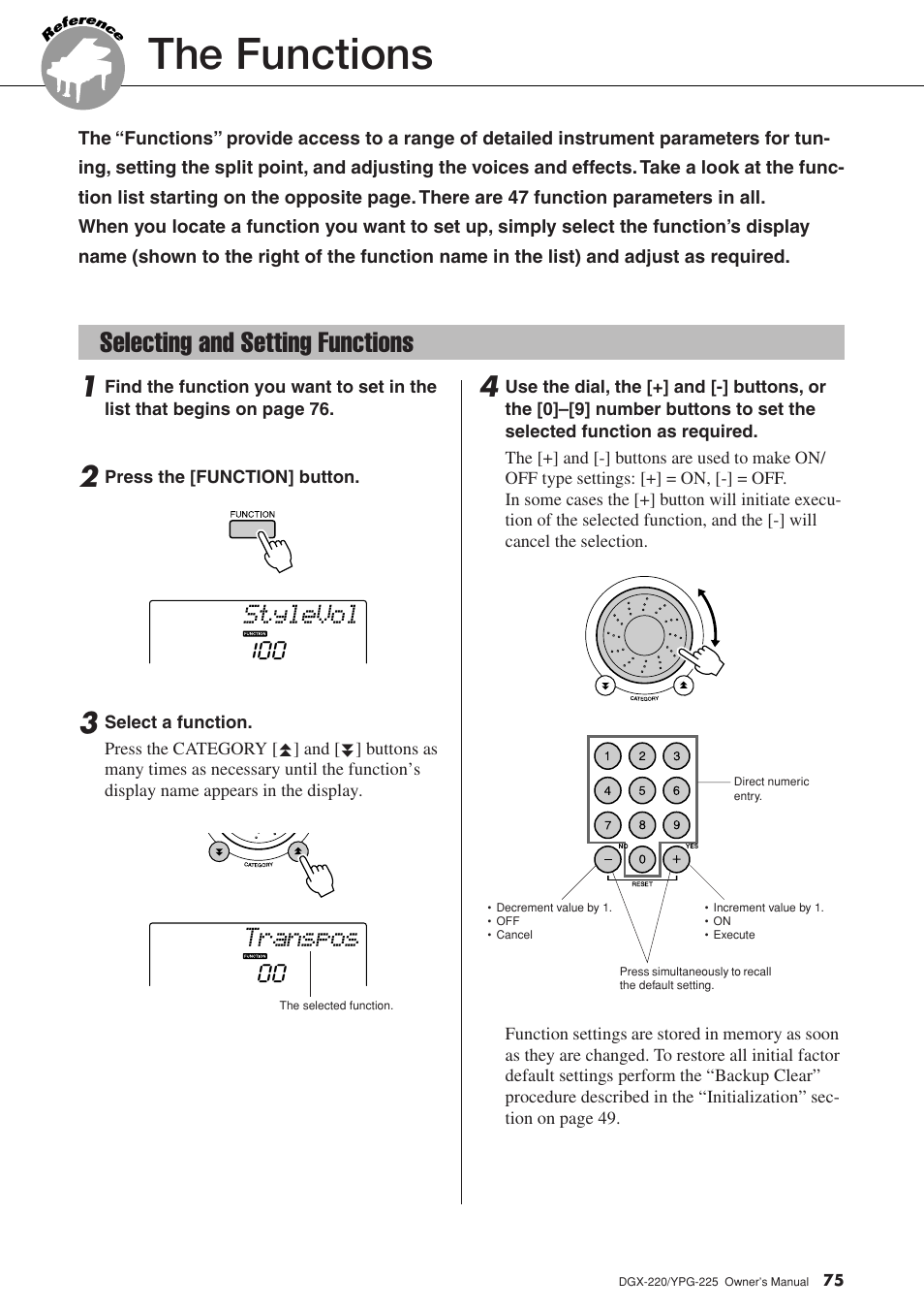 The functions, Selecting and setting functions, Stylevol | Transpos | Yamaha YPG-225 User Manual | Page 75 / 118