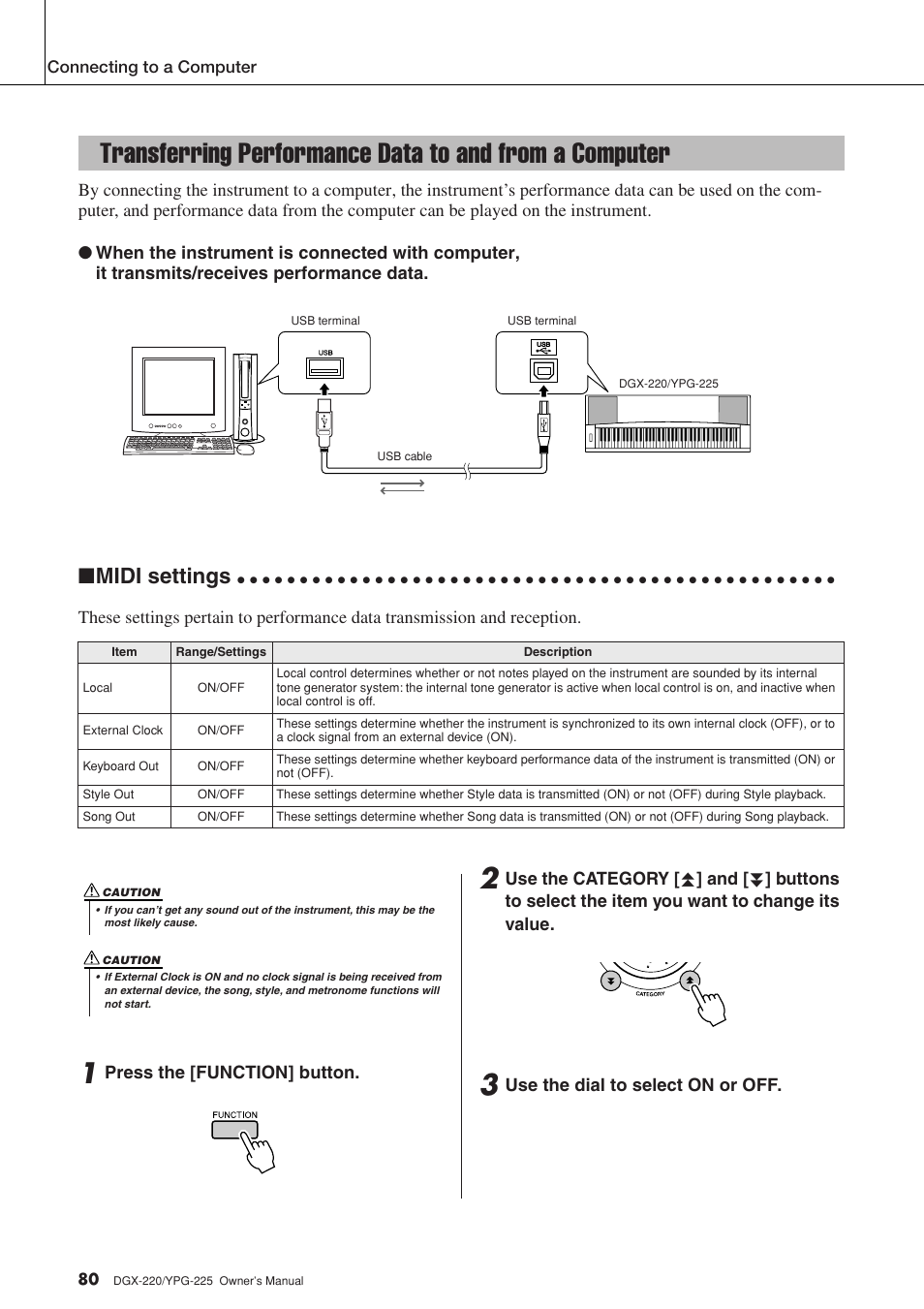 Midi settings | Yamaha YPG-225 User Manual | Page 80 / 118