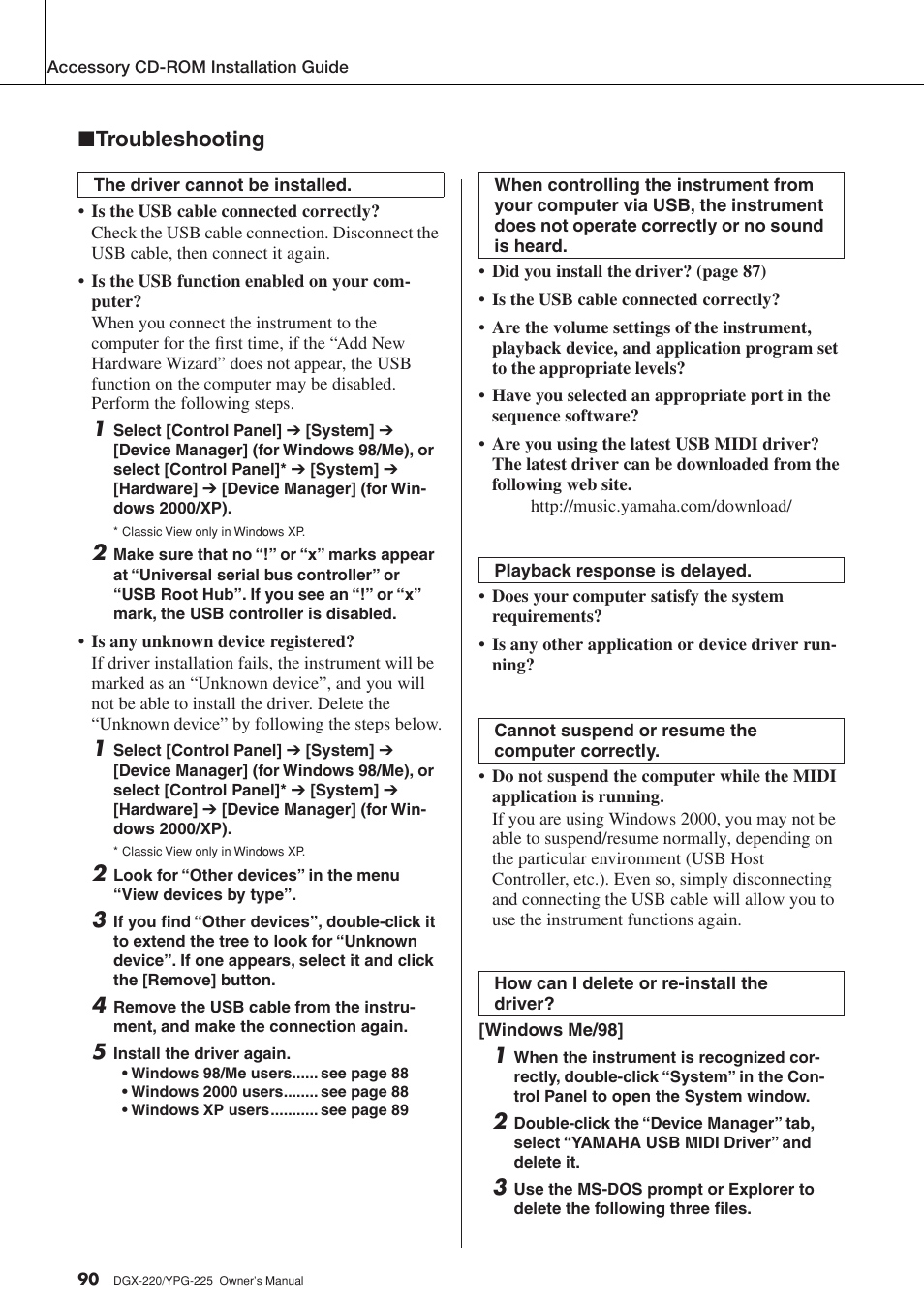 Troubleshooting | Yamaha YPG-225 User Manual | Page 90 / 118