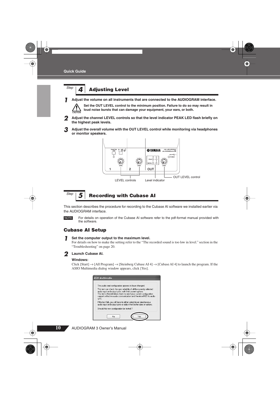 Step 4 adjusting level, Step 5 recording with cubase ai, Adjusting level 5. recording with cubase ai | Yamaha Audiogram 3 User Manual | Page 10 / 28