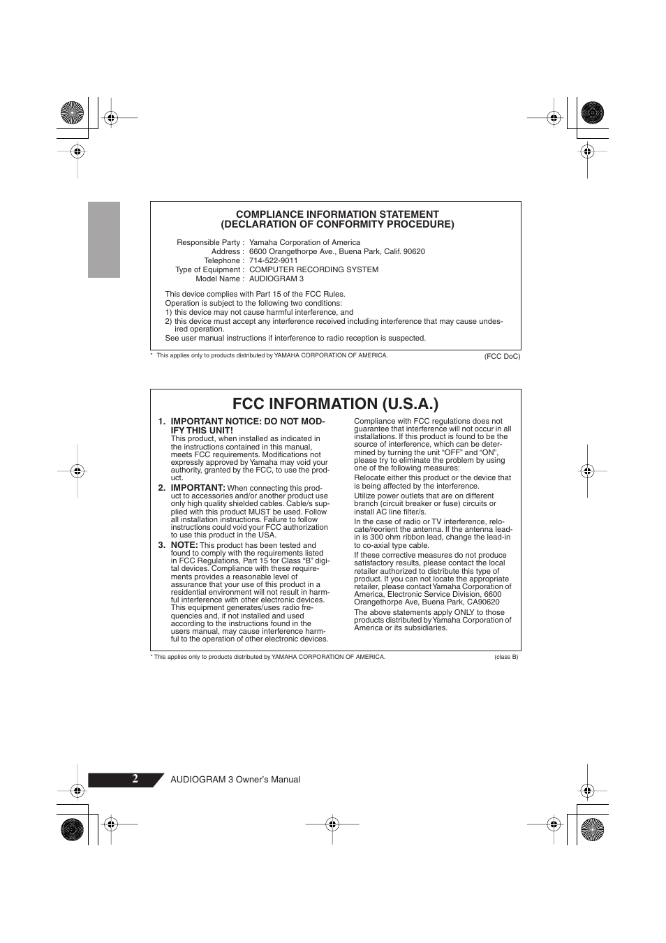 Fcc information (u.s.a.) | Yamaha Audiogram 3 User Manual | Page 2 / 28