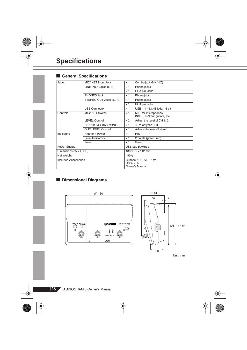 Specifications, General specifications, Dimensional diagrams | General specifications dimensional diagrams | Yamaha Audiogram 3 User Manual | Page 23 / 28