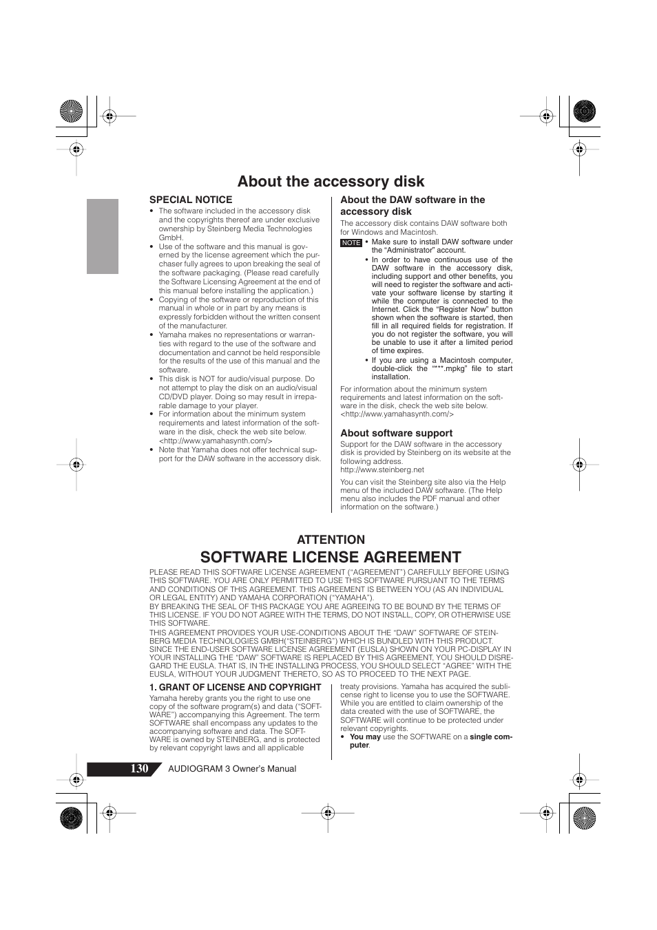 About the accessory disk, Software license agreement, Attention | Yamaha Audiogram 3 User Manual | Page 25 / 28