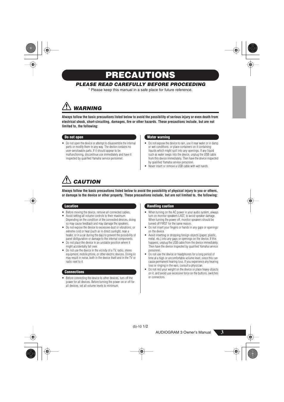 Precautions, Warning, Caution | Yamaha Audiogram 3 User Manual | Page 3 / 28