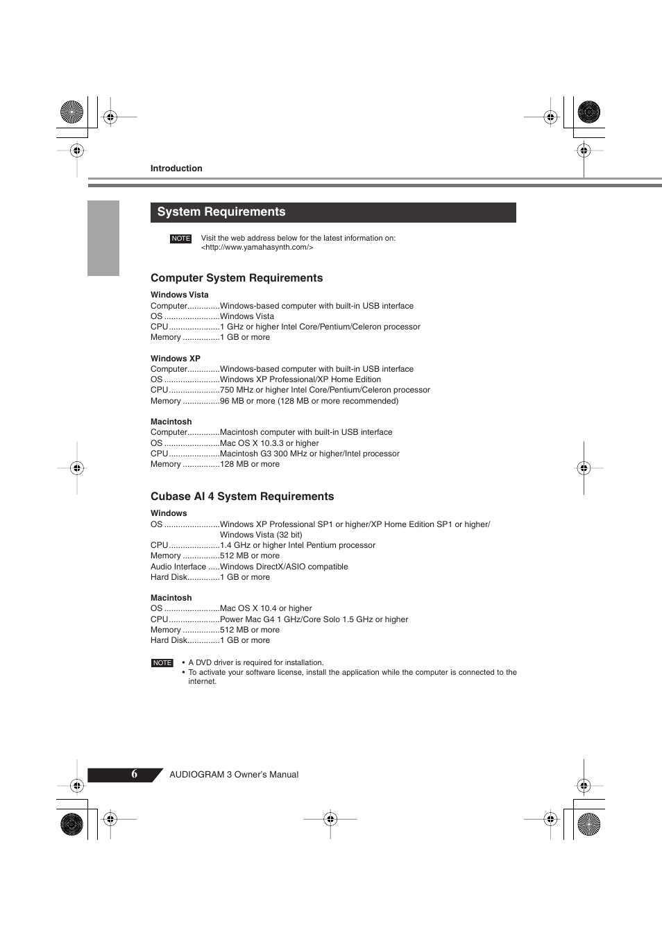 System requirements | Yamaha Audiogram 3 User Manual | Page 6 / 28