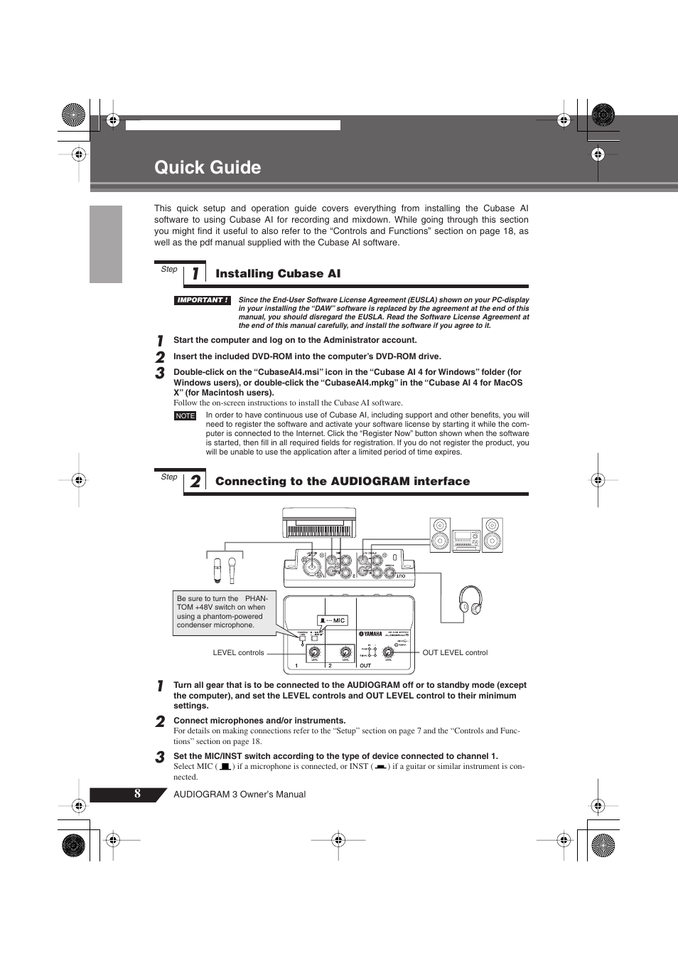 Quick guide, Step 1 installing cubase ai, Step 2 connecting to the audiogram interface | Interface | Yamaha Audiogram 3 User Manual | Page 8 / 28