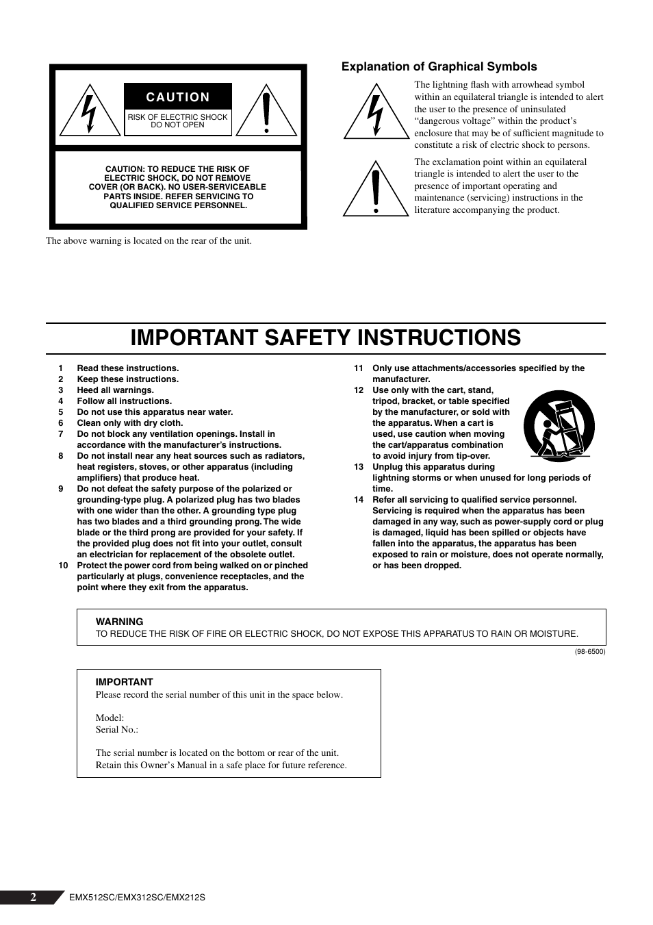 Important safety instructions, Explanation of graphical symbols | Yamaha EMX212S User Manual | Page 2 / 36