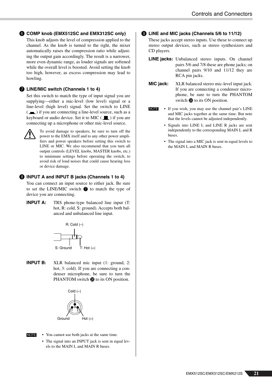 Controls and connectors | Yamaha EMX212S User Manual | Page 21 / 36