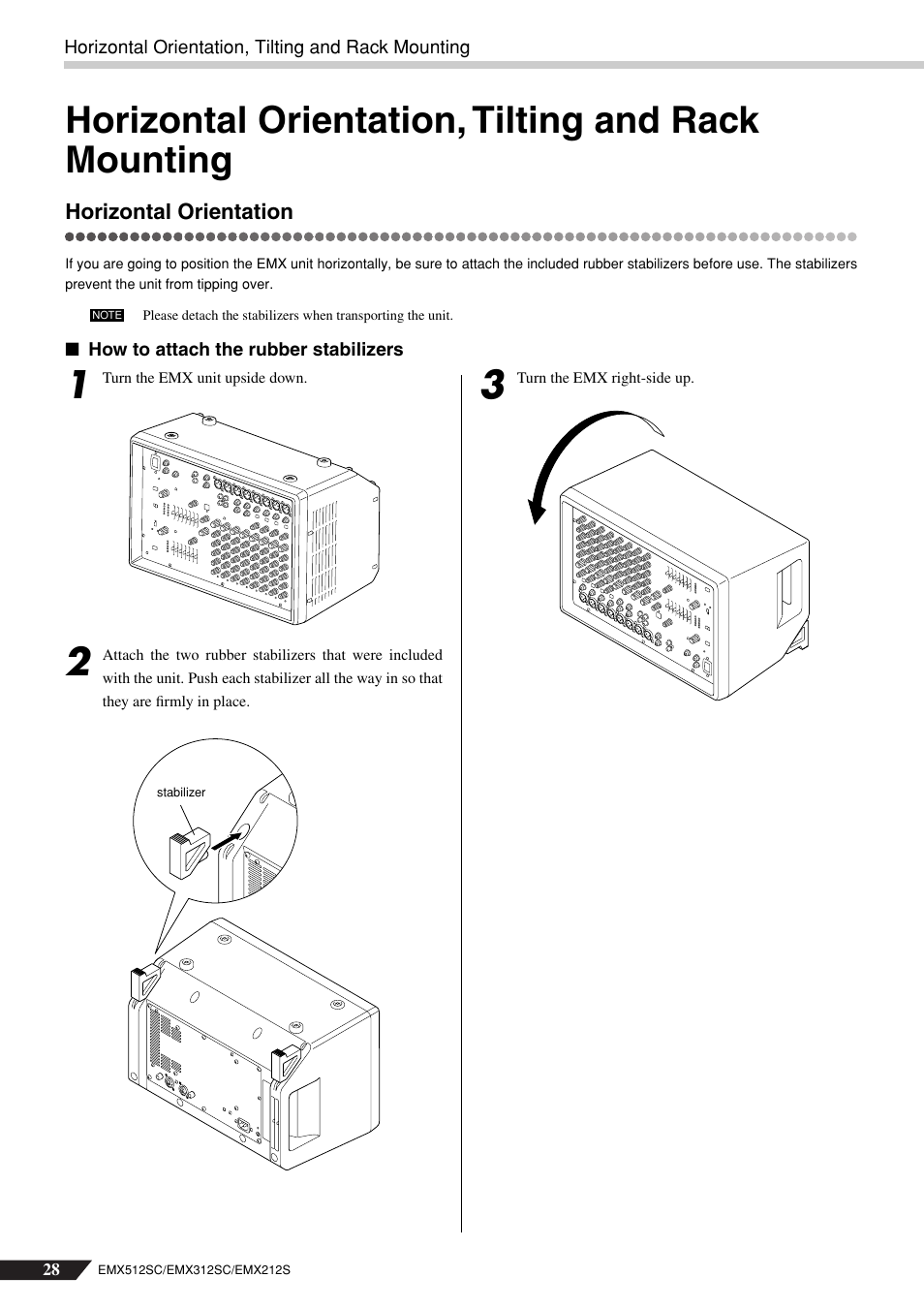 Horizontal orientation, tilting and rack mounting, Horizontal orientation | Yamaha EMX212S User Manual | Page 28 / 36