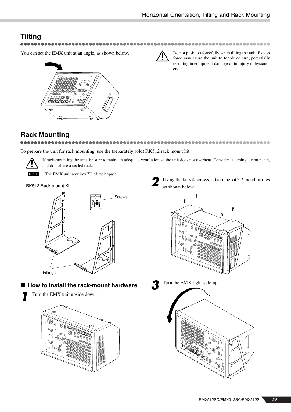 Tilting, Rack mounting | Yamaha EMX212S User Manual | Page 29 / 36