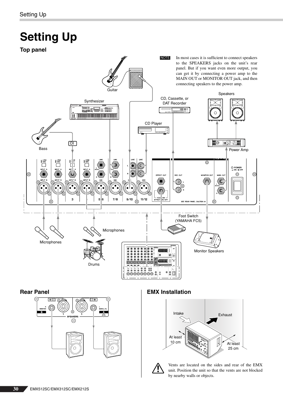 Setting up, Top panel rear panel emx installation | Yamaha EMX212S User Manual | Page 30 / 36