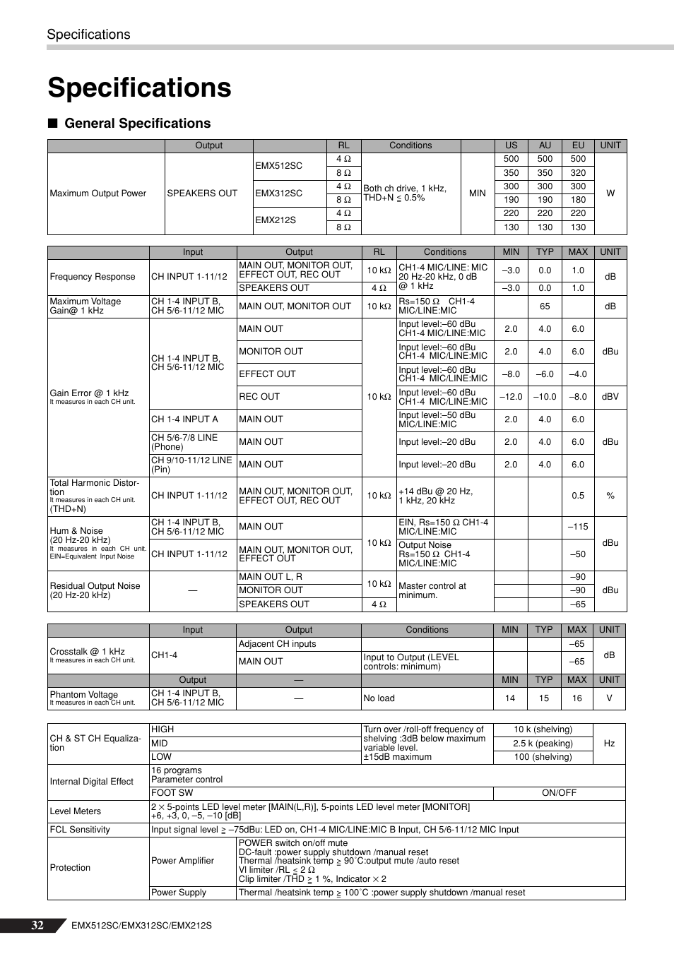 Specifications, General specifications | Yamaha EMX212S User Manual | Page 32 / 36