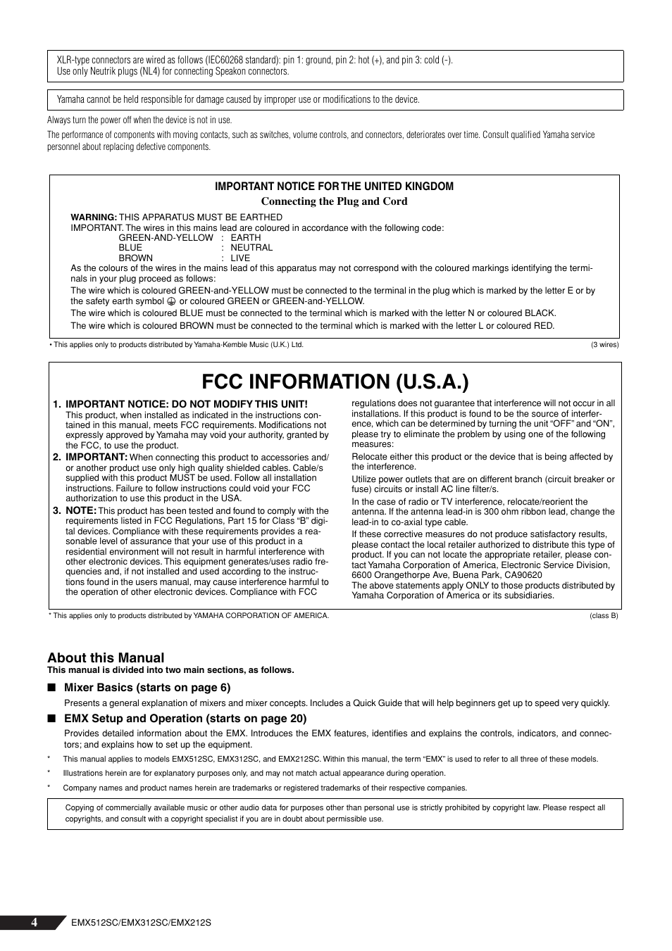 About this manual, Fcc information (u.s.a.) | Yamaha EMX212S User Manual | Page 4 / 36