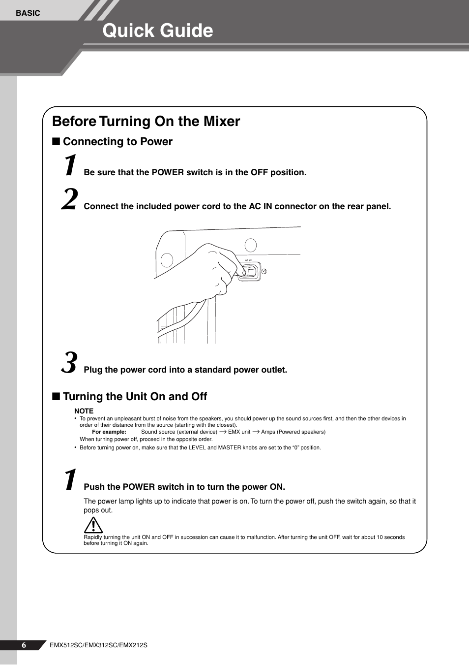 Basic, Quick guide, Before turning on the mixer | Yamaha EMX212S User Manual | Page 6 / 36