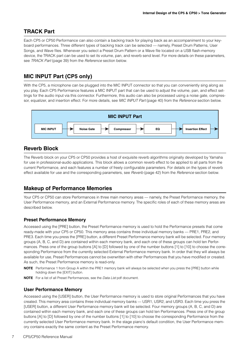 Track part, Mic input part (cp5 only), Reverb block | Makeup of performance memories, Track, Mic input | Yamaha CP5 User Manual | Page 7 / 57