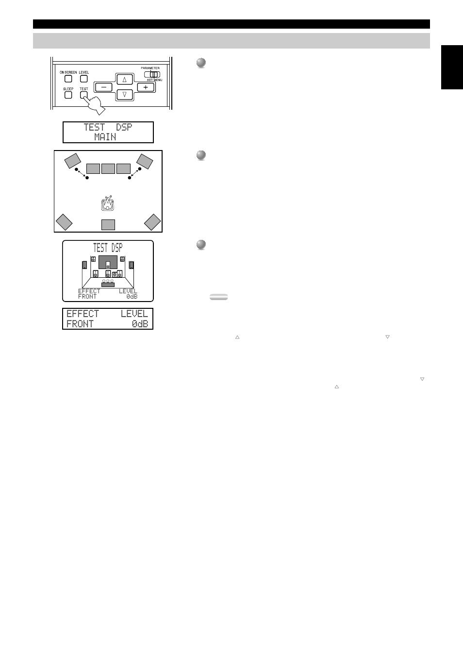 Dsp test, Test dsp, Test dsp main | Effect level front 0db | Yamaha DSP-AX2  EN User Manual | Page 25 / 71