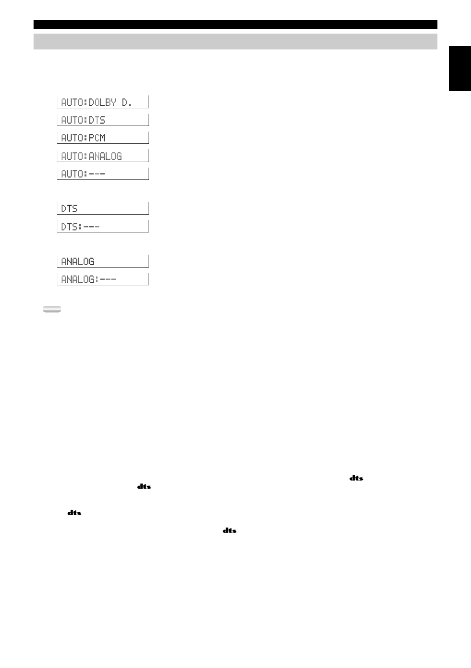 Input modes and indications, Auto:dolby d. auto:dts auto:pcm auto:analog auto, Dts dts | Analog analog | Yamaha DSP-AX2  EN User Manual | Page 29 / 71