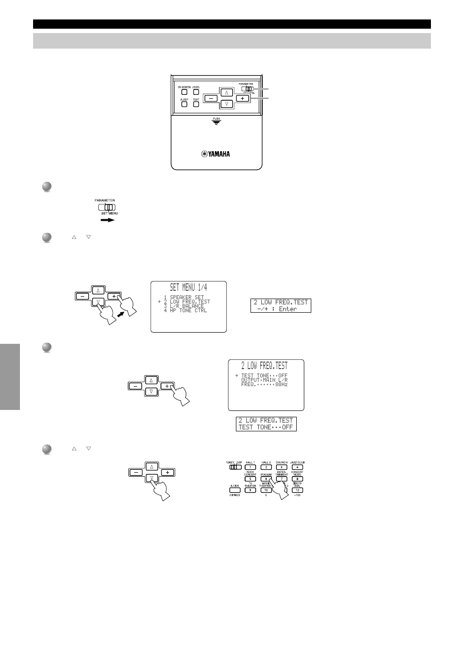 Operating the set menu, Set menu 1/4, 2 low freq.test | Yamaha DSP-AX2  EN User Manual | Page 34 / 71