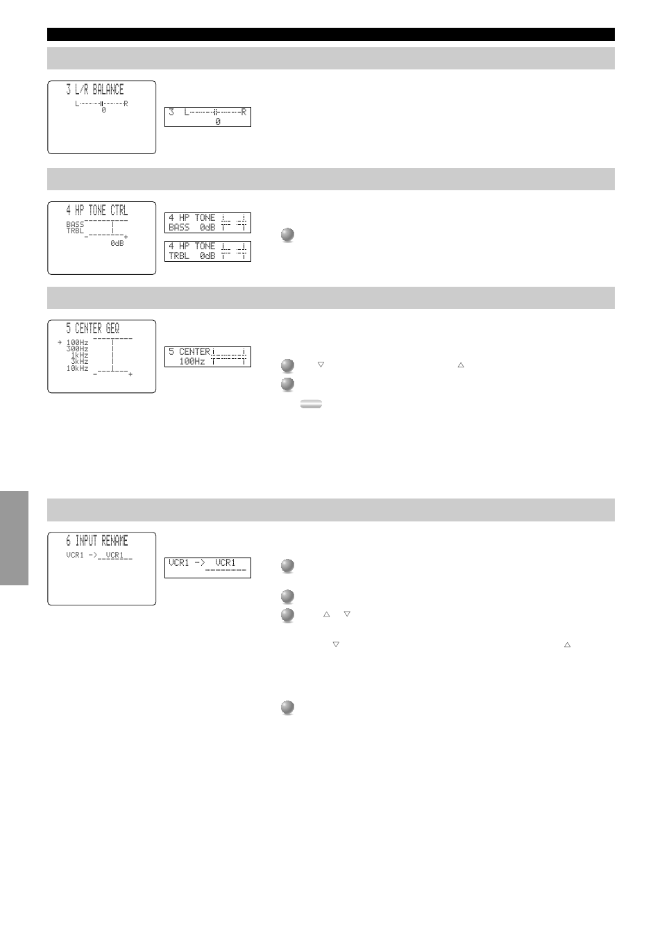 L/r balance, Hp tone ctrl (headphone tone control), Center geq (center graphic equalizer) | Input rename, 3 l/r balance, 4 hp tone ctrl, 5 center geq, 6 input rename | Yamaha DSP-AX2  EN User Manual | Page 38 / 71