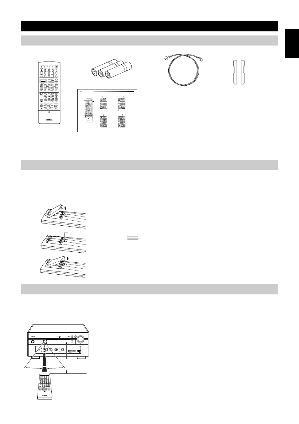 Getting started, Checking the package contents, Installing batteries in the remote control | Using the remote control, 3getting started checking the package contents, About changing batteries, About handling the remote control | Yamaha DSP-AX2  EN User Manual | Page 5 / 71