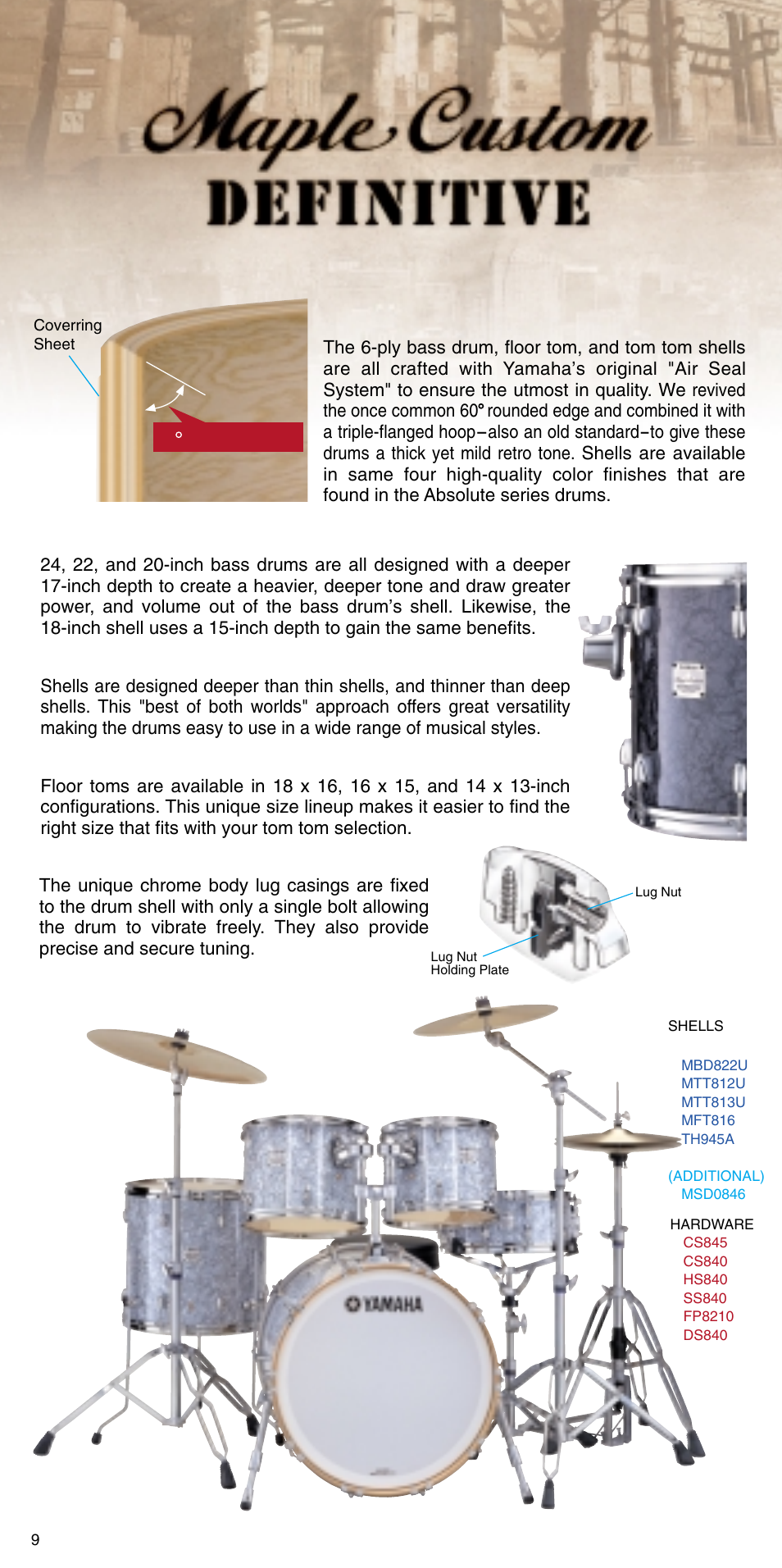 All maple shells, Deeper bass drums deliver power and tone, Universal size | Unique floor tom sizes, Small lugs yess | Yamaha ATT1512U User Manual | Page 10 / 36