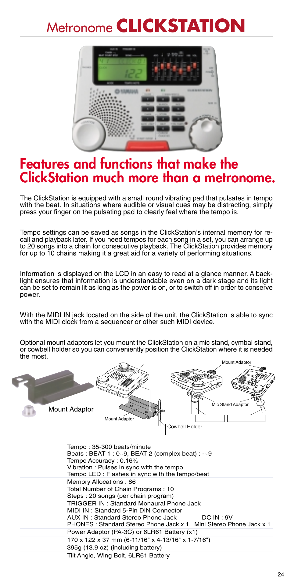 Clickstation, Metronome, Feel the tempo | Easy to read backlit lcd, Midi in jack offers syncing with midi devices | Yamaha ATT1512U User Manual | Page 25 / 36