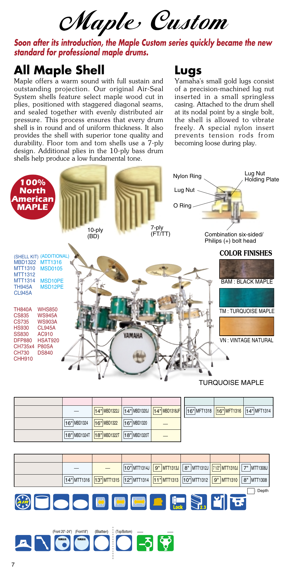 All maple shell, Lugs, 100% north american maple | Mounted toms, Bass drums, Floor toms, Color finishes, Turquoise maple | Yamaha ATT1512U User Manual | Page 8 / 36