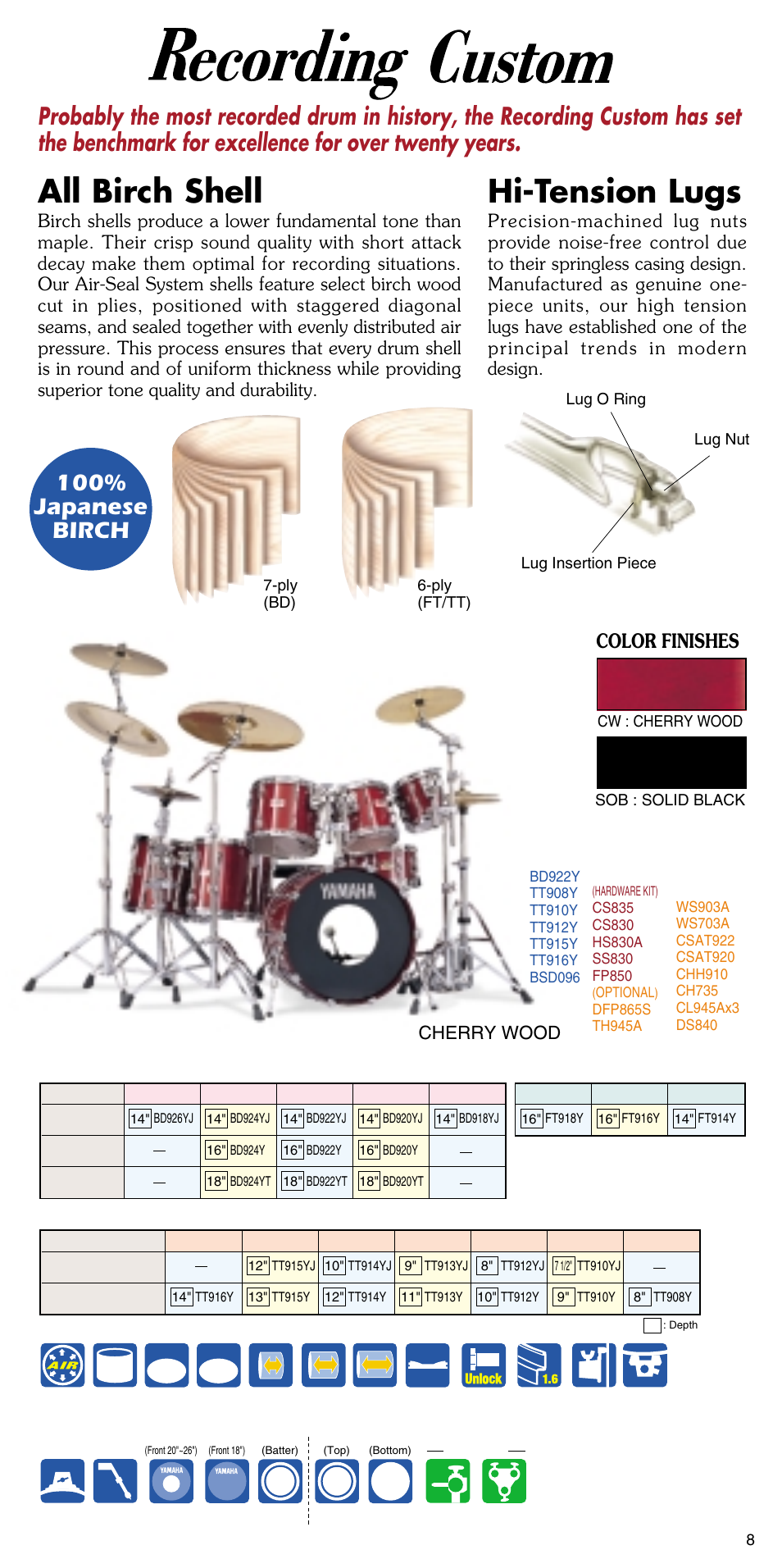 All birch shell, Hi-tension lugs, 100% japanese birch | Mounted toms, Bass drums, Floor toms, Color finishes, Cherry wood | Yamaha ATT1512U User Manual | Page 9 / 36