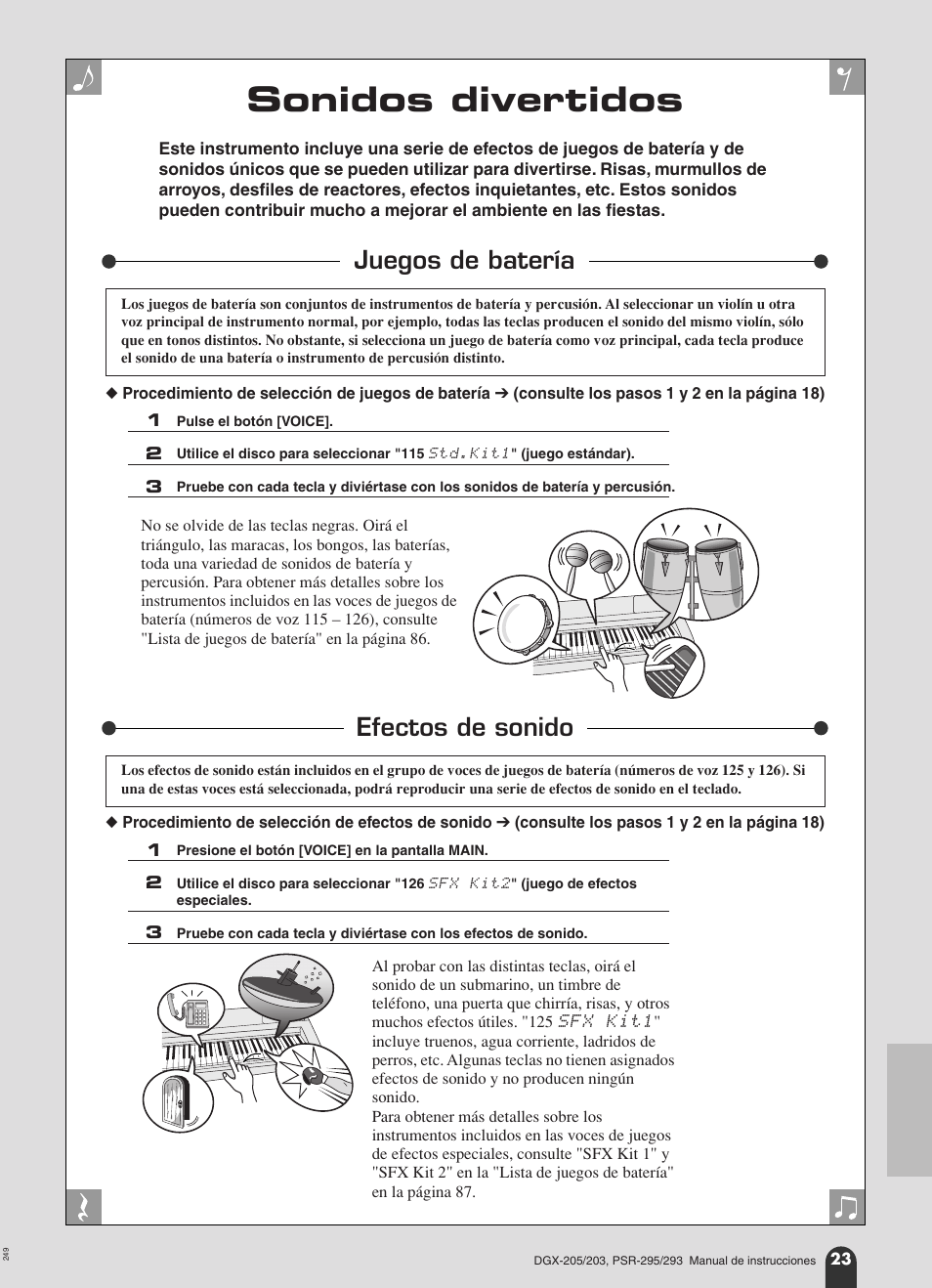 Sonidos divertidos, Juegos de batería, Efectos de sonido | Juegos de batería efectos de sonido | Yamaha Portable Grand PortableGrand DGX-203 User Manual | Page 23 / 98