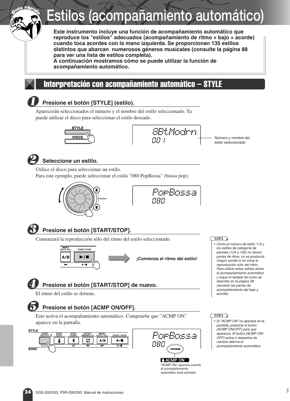 Estilos (acompañamiento automático), Interpretación con acompañamiento, Automático – style | 8btmodrn, Popbossa | Yamaha Portable Grand PortableGrand DGX-203 User Manual | Page 24 / 98