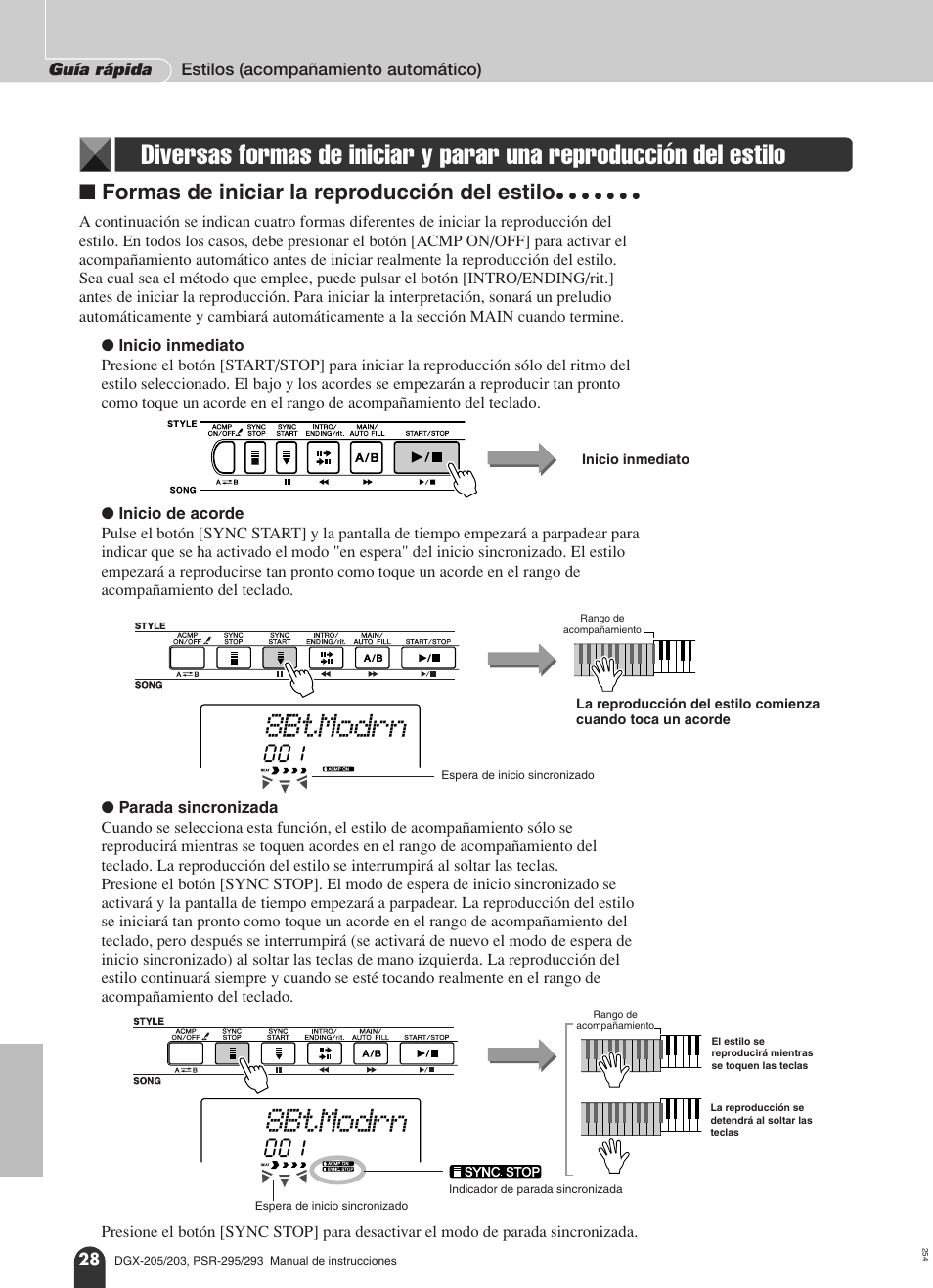 N formas de iniciar la reproducción del estilo, Del estilo, 8btmodrn | Formas de iniciar la reproducción del estilo | Yamaha Portable Grand PortableGrand DGX-203 User Manual | Page 28 / 98