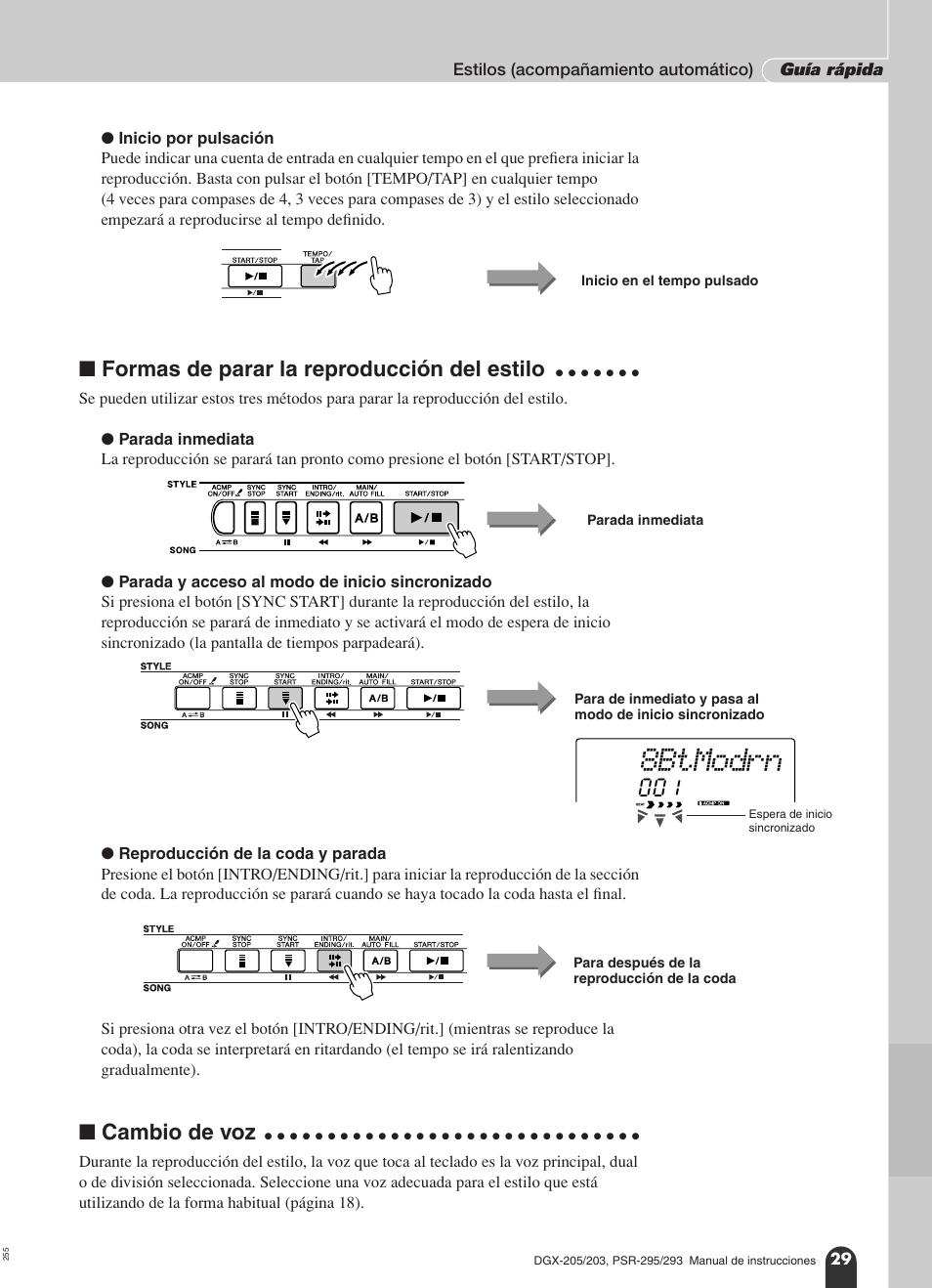 N formas de parar la reproducción del estilo, N cambio de voz, 8btmodrn | Formas de parar la reproducción del estilo, Cambio de voz | Yamaha Portable Grand PortableGrand DGX-203 User Manual | Page 29 / 98