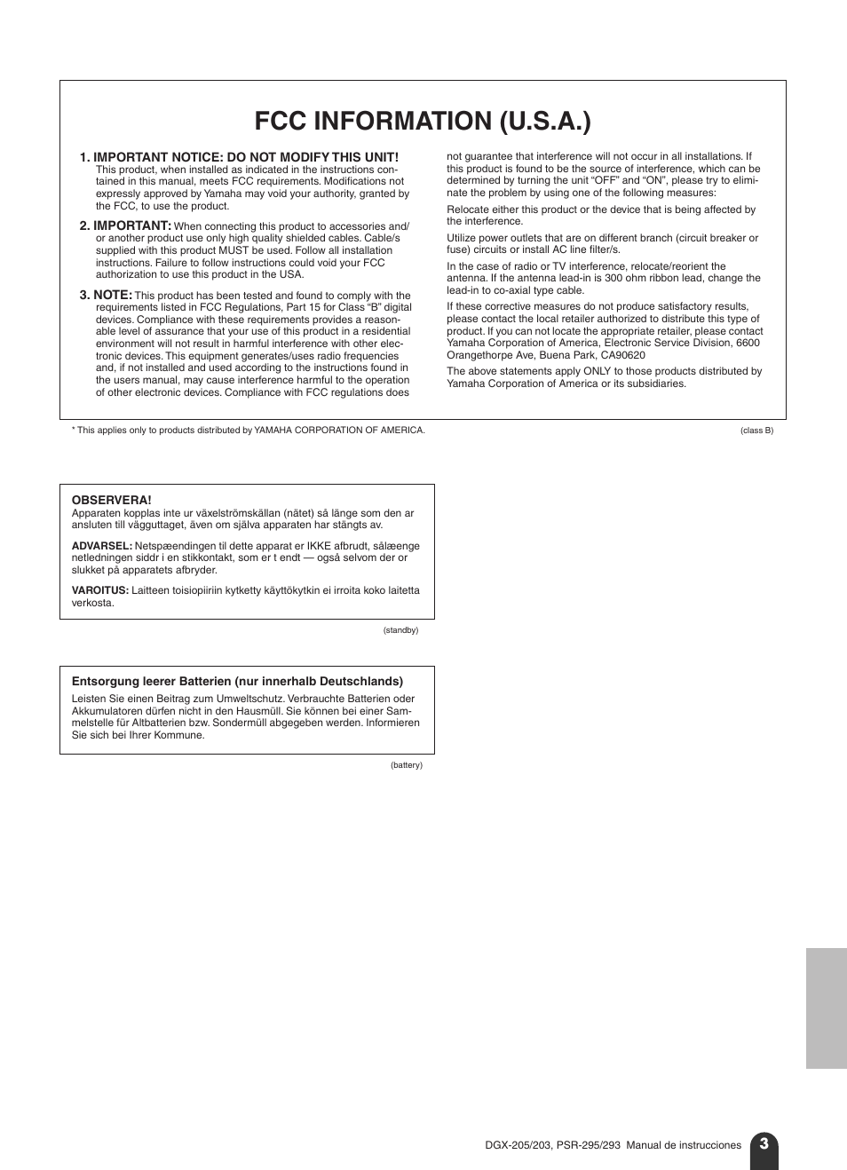 Fcc information (u.s.a.) | Yamaha Portable Grand PortableGrand DGX-203 User Manual | Page 3 / 98
