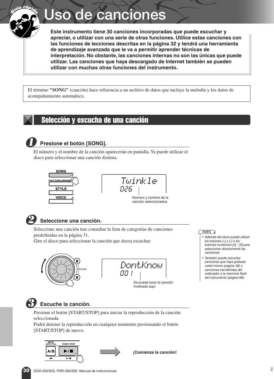 Uso de canciones, Selección y escucha de una canción, Twinkle | Dontknow | Yamaha Portable Grand PortableGrand DGX-203 User Manual | Page 30 / 98