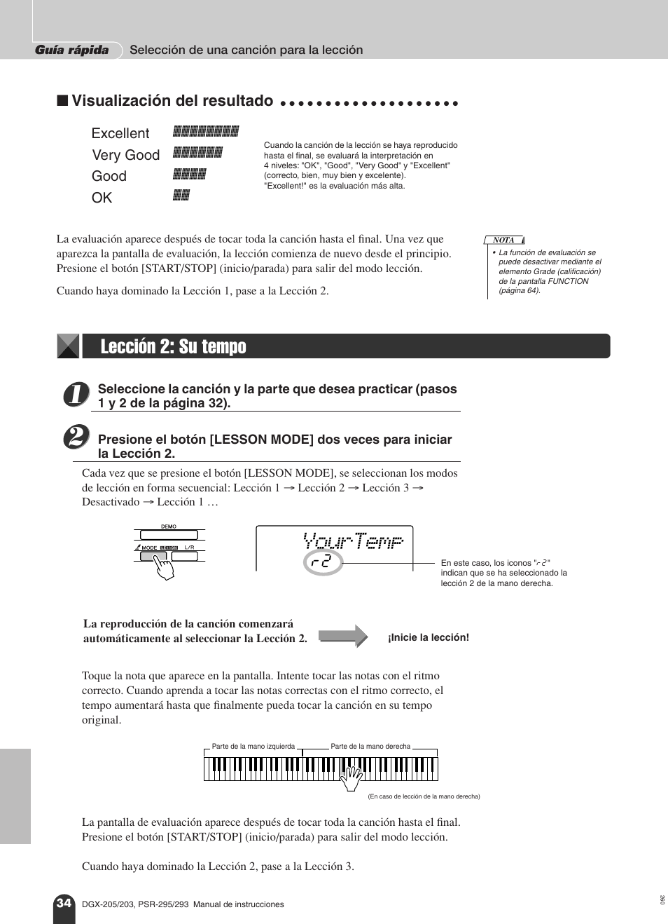 N visualización del resultado, Lección 2: su tempo, Yourtemp | Visualización del resultado | Yamaha Portable Grand PortableGrand DGX-203 User Manual | Page 34 / 98