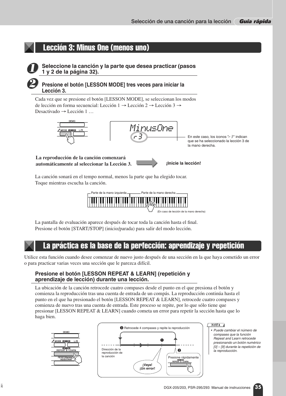 Lección 3: minus one (menos uno), Repetición, Minusone | Yamaha Portable Grand PortableGrand DGX-203 User Manual | Page 35 / 98
