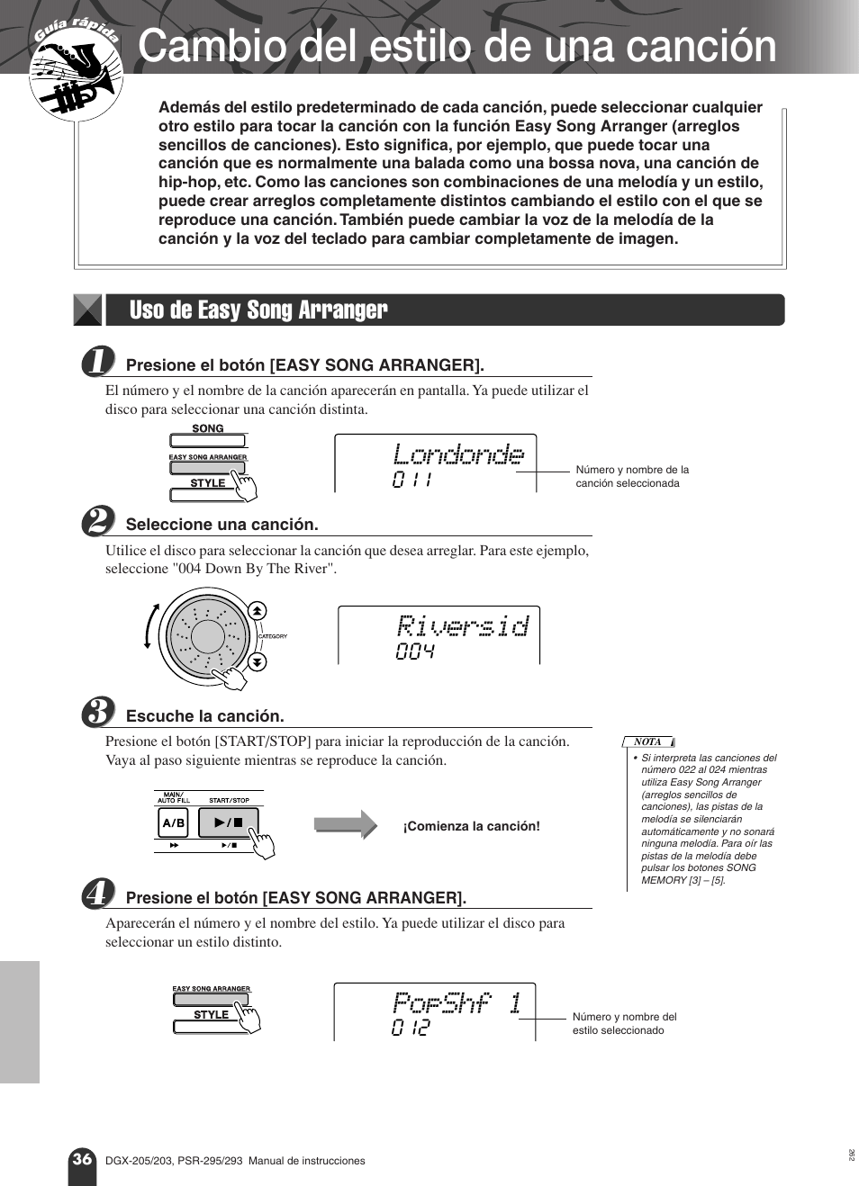 Cambio del estilo de una canción, Uso de easy song arranger, Londonde | Riversid, Popshf 1 | Yamaha Portable Grand PortableGrand DGX-203 User Manual | Page 36 / 98